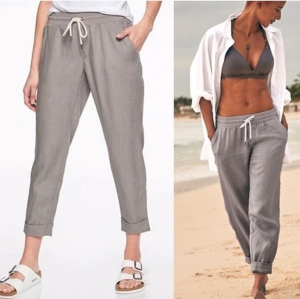 Athleta Bali Linen Ankle Pants Size 8 Taupe Gray Lagenlook Drawstring Waist